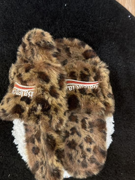 Balenciaga Leopard-Print Faux Fur Slide Sandals in Brown